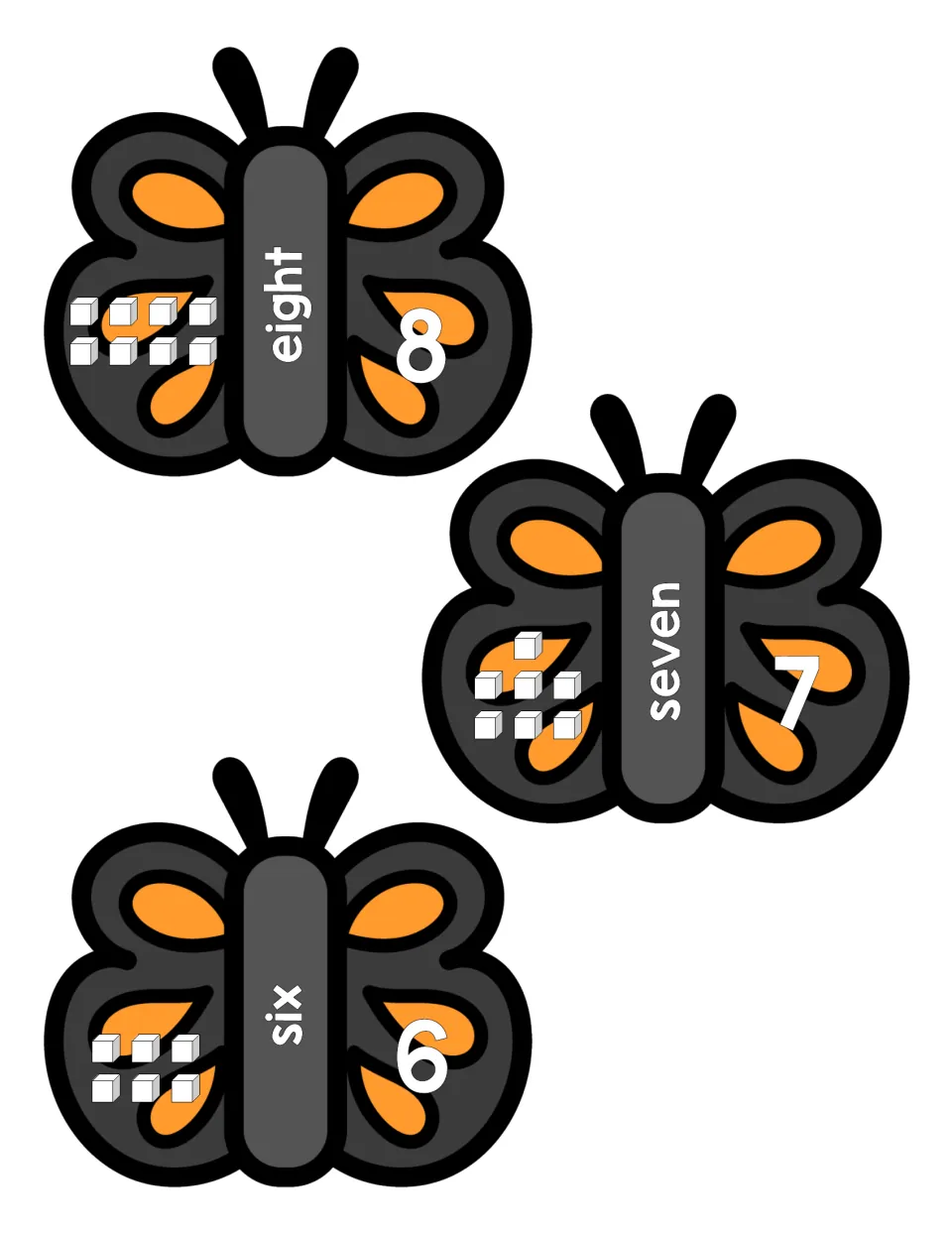 Butterflies for 6, 7 and 8: students count the cubes on one wing and match them to the numeral and words six, seven, eight