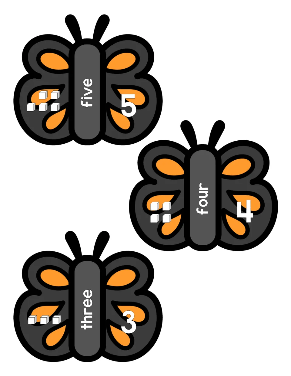 Number puzzles for 3, 4 and 5: butterflies show the words three, four and five with numerals and three to five counting cubes