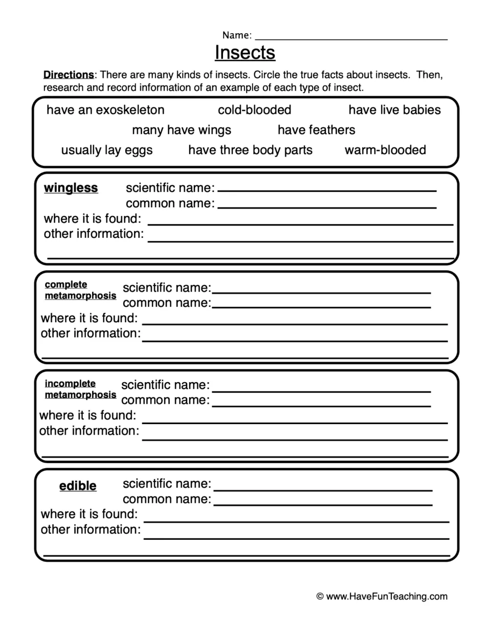 Insect research worksheet: circle true facts and record examples of wingless insects and three other categories.