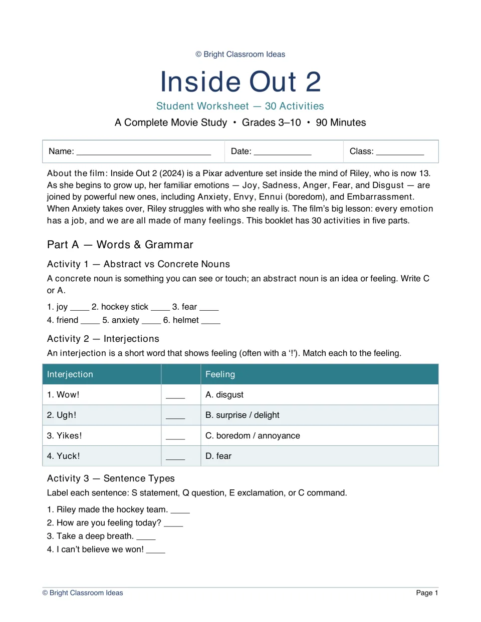 Inside Out 2 movie study grammar: students label abstract or concrete nouns, match interjections and name sentence types