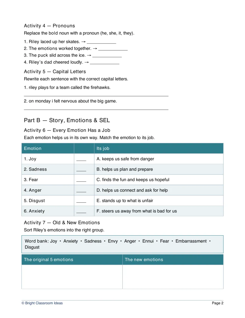Pronouns and capitals, then emotions: students swap nouns for pronouns, fix capitals and match each emotion to its job