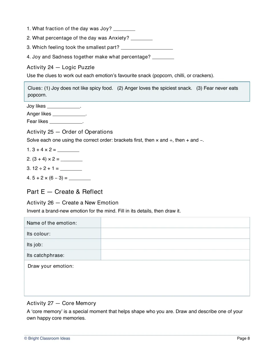 Fractions, logic and order of operations: students solve a snack logic puzzle, then invent and draw a brand-new emotion