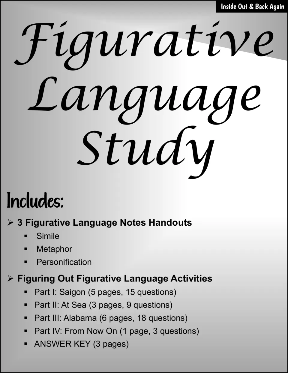 Figurative Language Study section cover listing simile, metaphor and personification notes plus Parts I to IV and a key