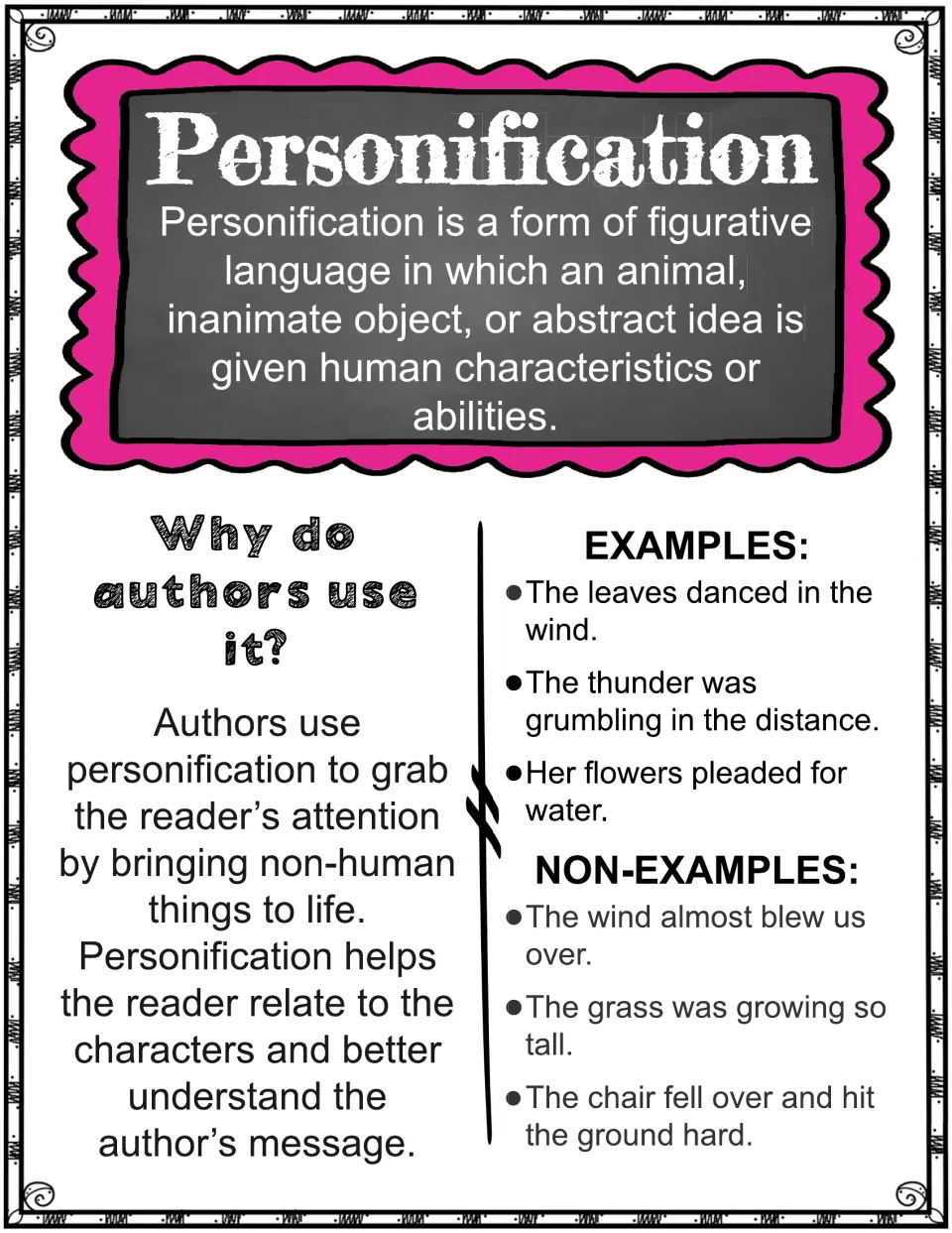 Personification notes handout: human traits given to objects and ideas, author purpose, examples such as leaves dancing