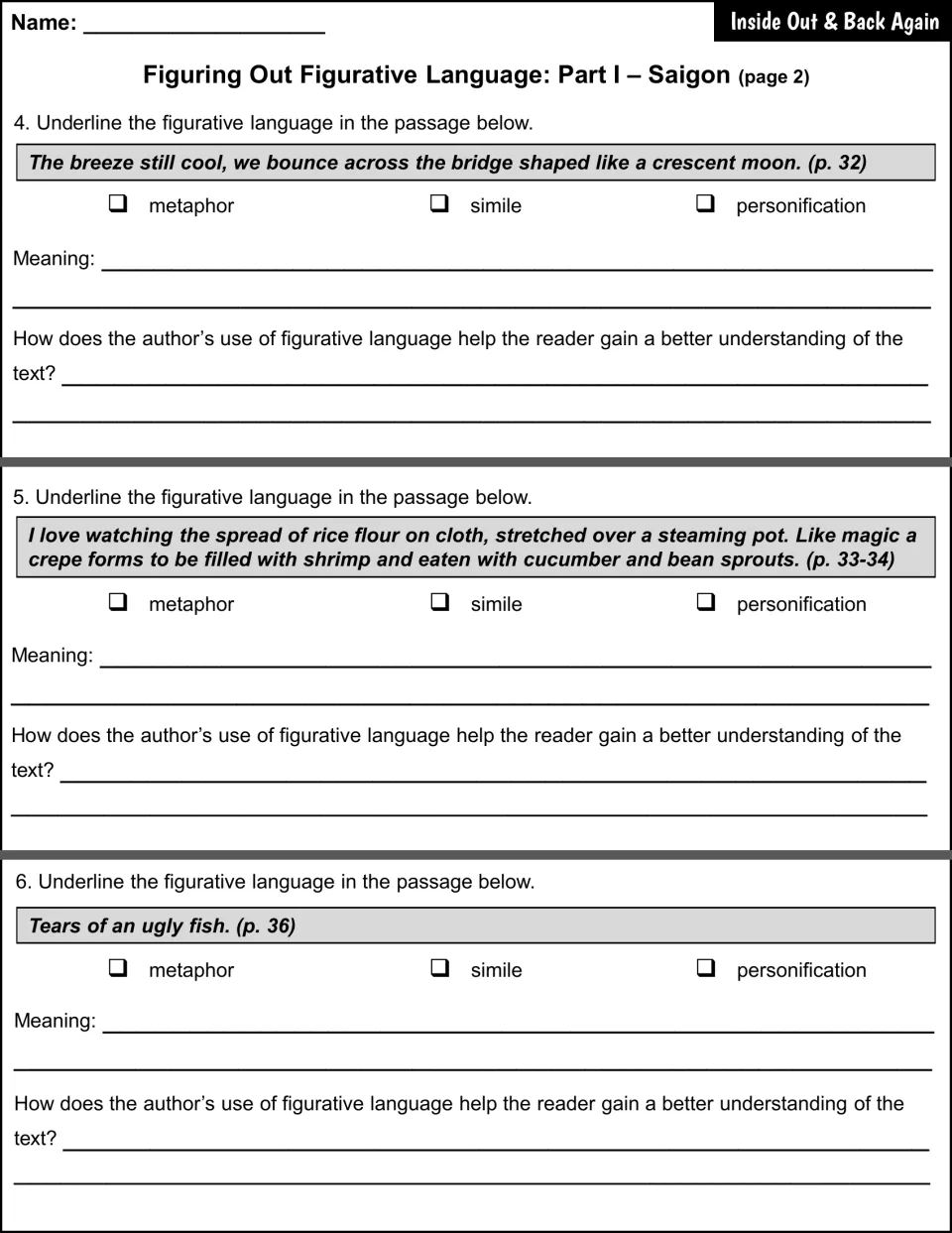 Saigon figurative language questions 4–6 examine a crescent moon bridge, a crepe forming, and an ugly fish's tears