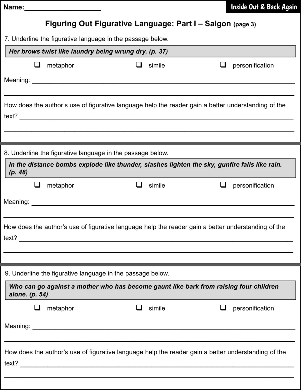 Saigon figurative language questions 7–9 examine brows like wrung laundry, bombs like thunder, and a gaunt mother