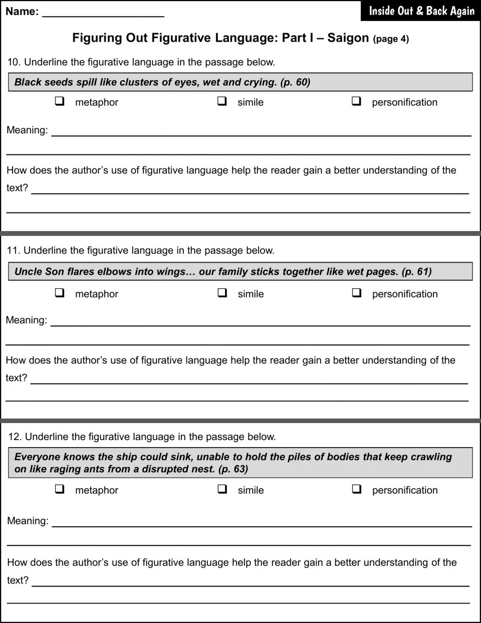 Saigon figurative language questions 10–12 examine seeds like eyes, family like wet pages, and people like ants