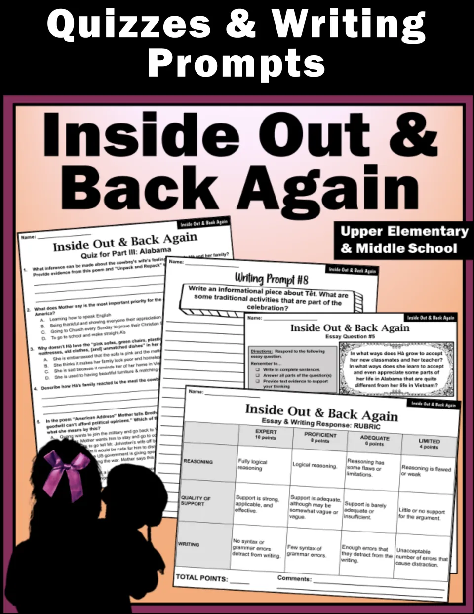 Cover of the novel quiz and writing prompt resource for upper elementary and middle school students