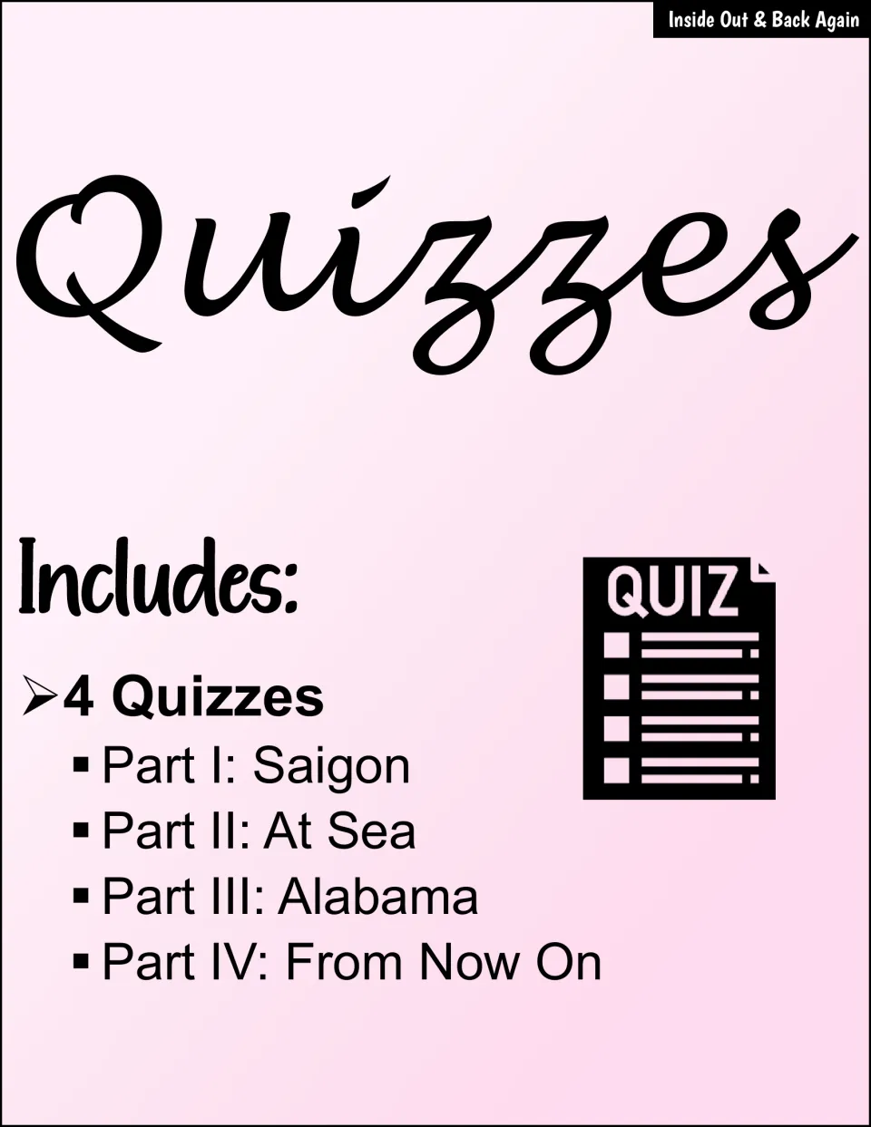 Quiz section overview listing four parts: Saigon, At Sea, Alabama, and From Now On