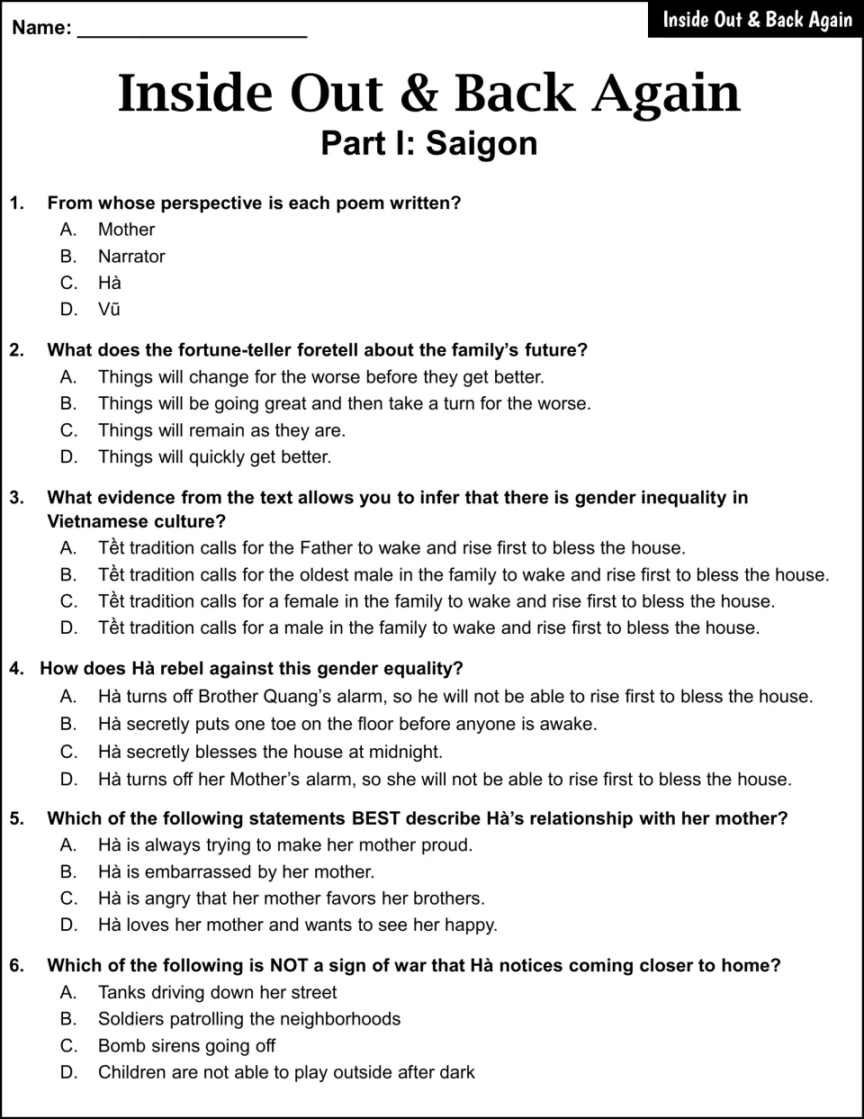 Saigon quiz questions 1–6 cover perspective, a prediction, Tết traditions, Hà’s mother, and signs of war