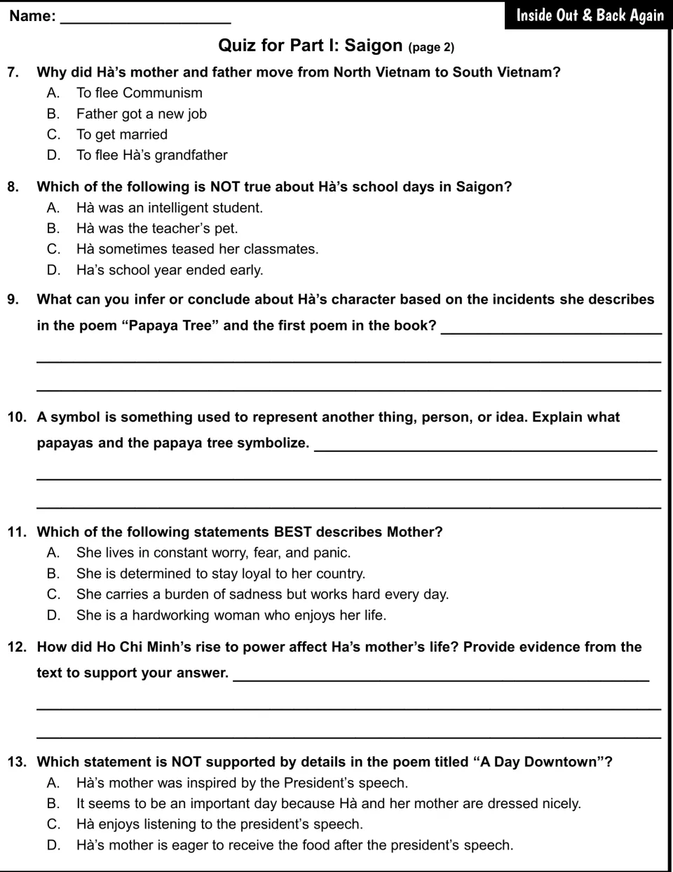 Saigon quiz questions 7–13 examine family history, school, Hà’s character, papaya symbolism, and Mother
