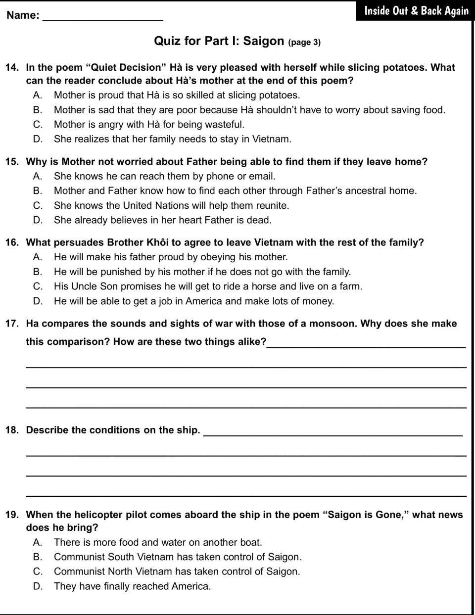 Saigon quiz questions 14–19 address leaving Vietnam, Father, Brother Khôi, war imagery, and ship conditions
