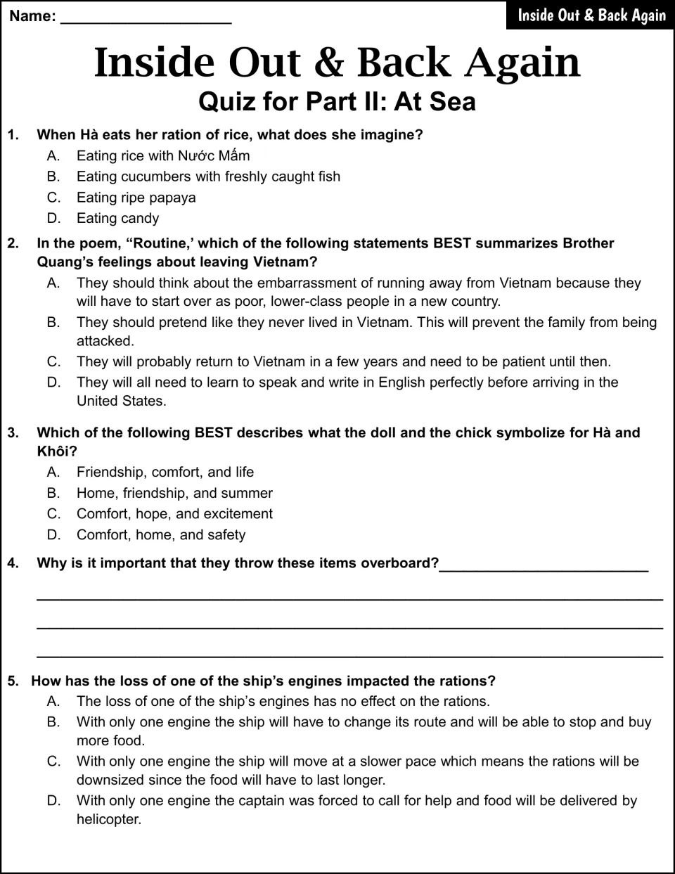 At Sea quiz questions 1–5 explore Hà’s imagined food, Quang’s feelings, doll and chick symbolism, and rations