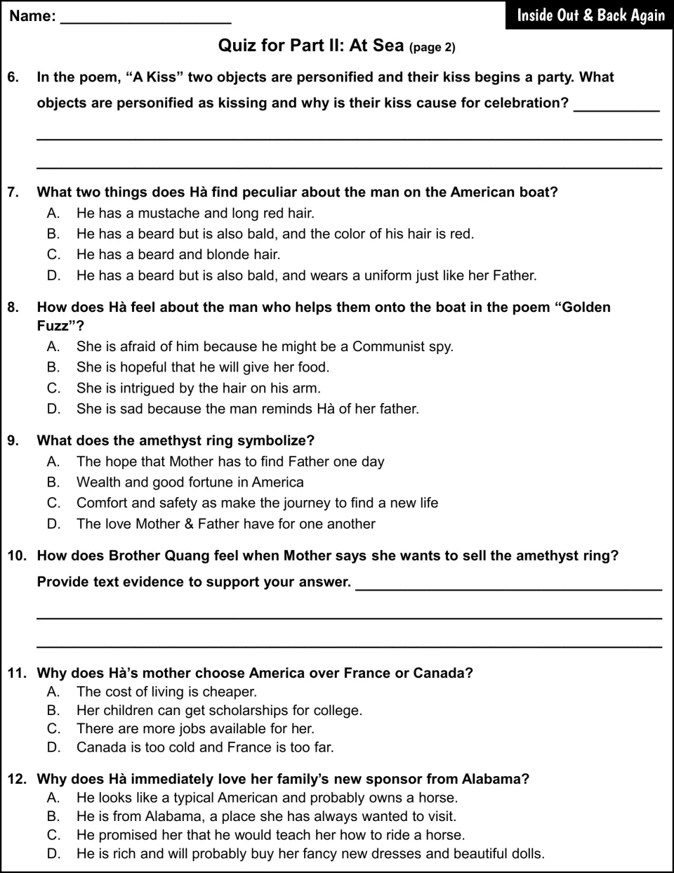 At Sea quiz questions 6–12 cover personification, an American rescuer, the amethyst ring, and sponsorship