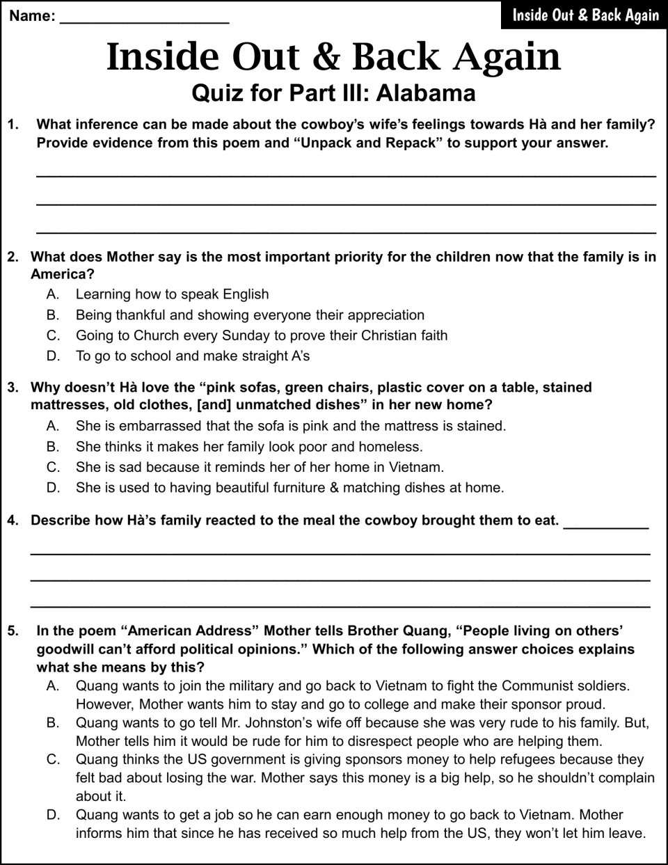 Alabama quiz questions 1–5 examine the cowboy’s wife, Mother’s priorities, furnishings, food, and goodwill
