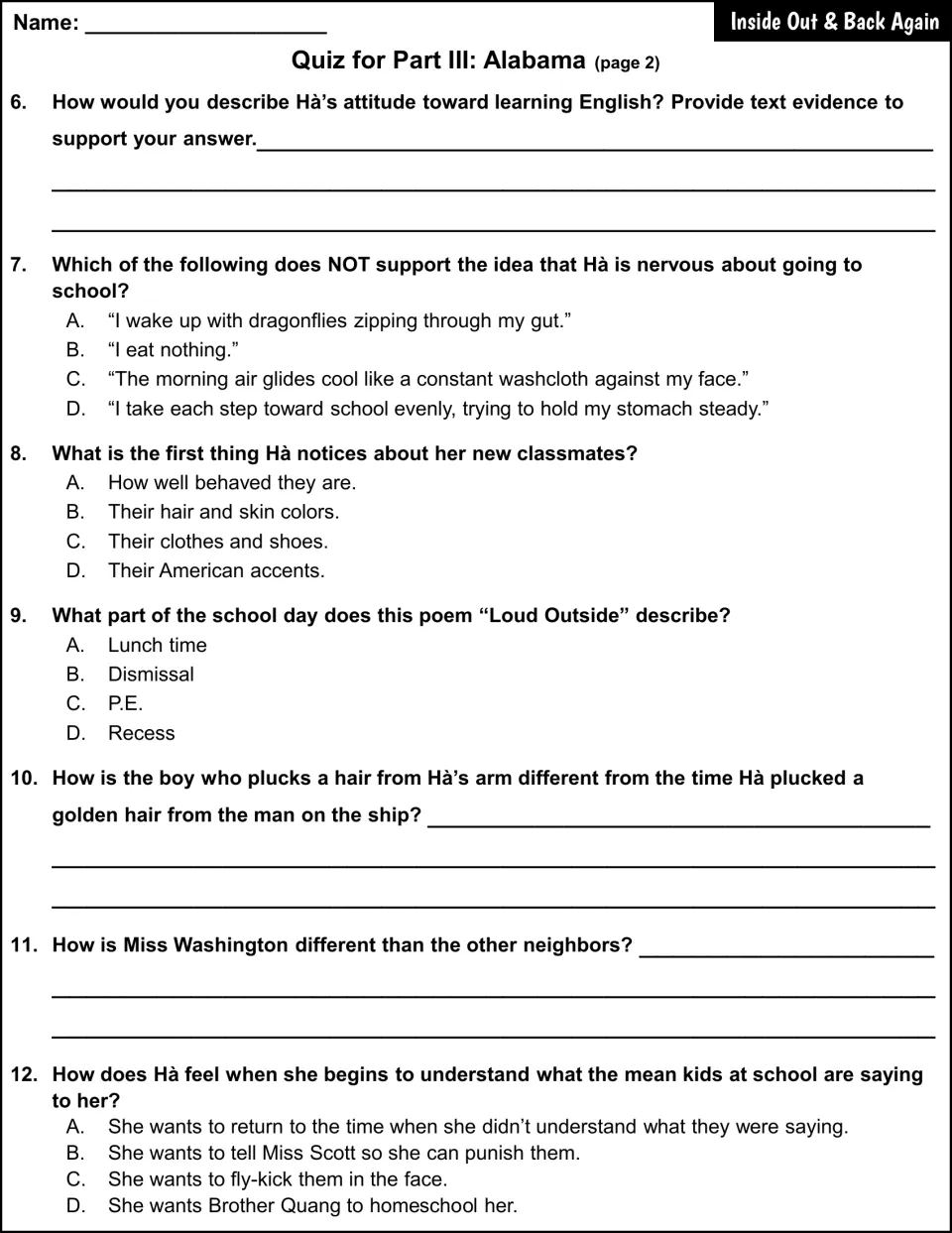 Alabama quiz questions 6–12 explore learning English, school anxiety, classmates, bullying, and Miss Washington