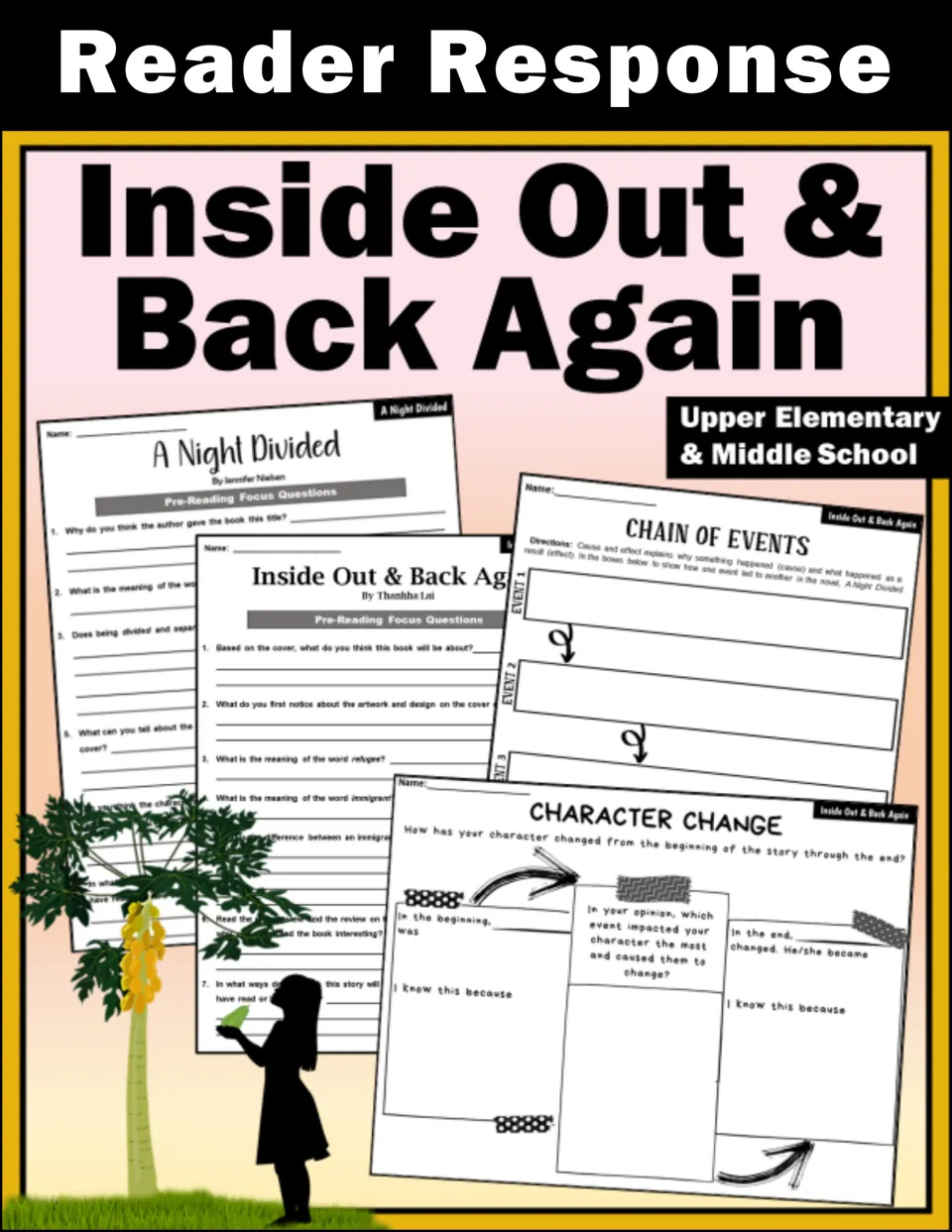 Inside Out & Back Again reader response cover showing pre-reading questions, Chain of Events and Character Change pages