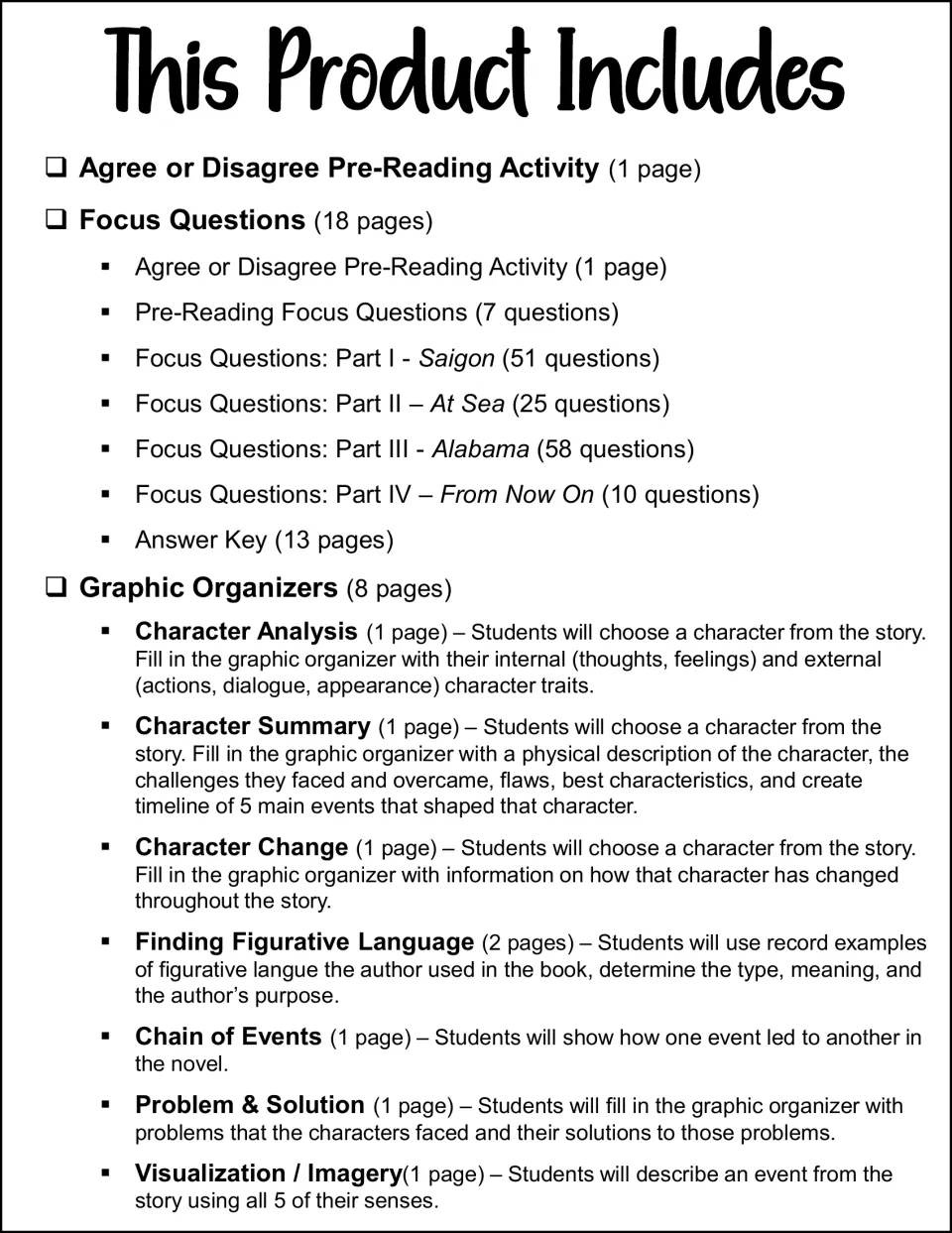 Contents list: agree or disagree activity, focus questions for Parts I to IV with answer key, and 8 graphic organizer pages