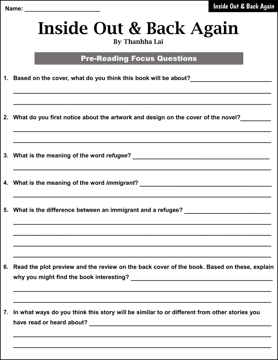 Pre-reading focus questions: students predict from the book cover and define refugee and immigrant, then contrast them