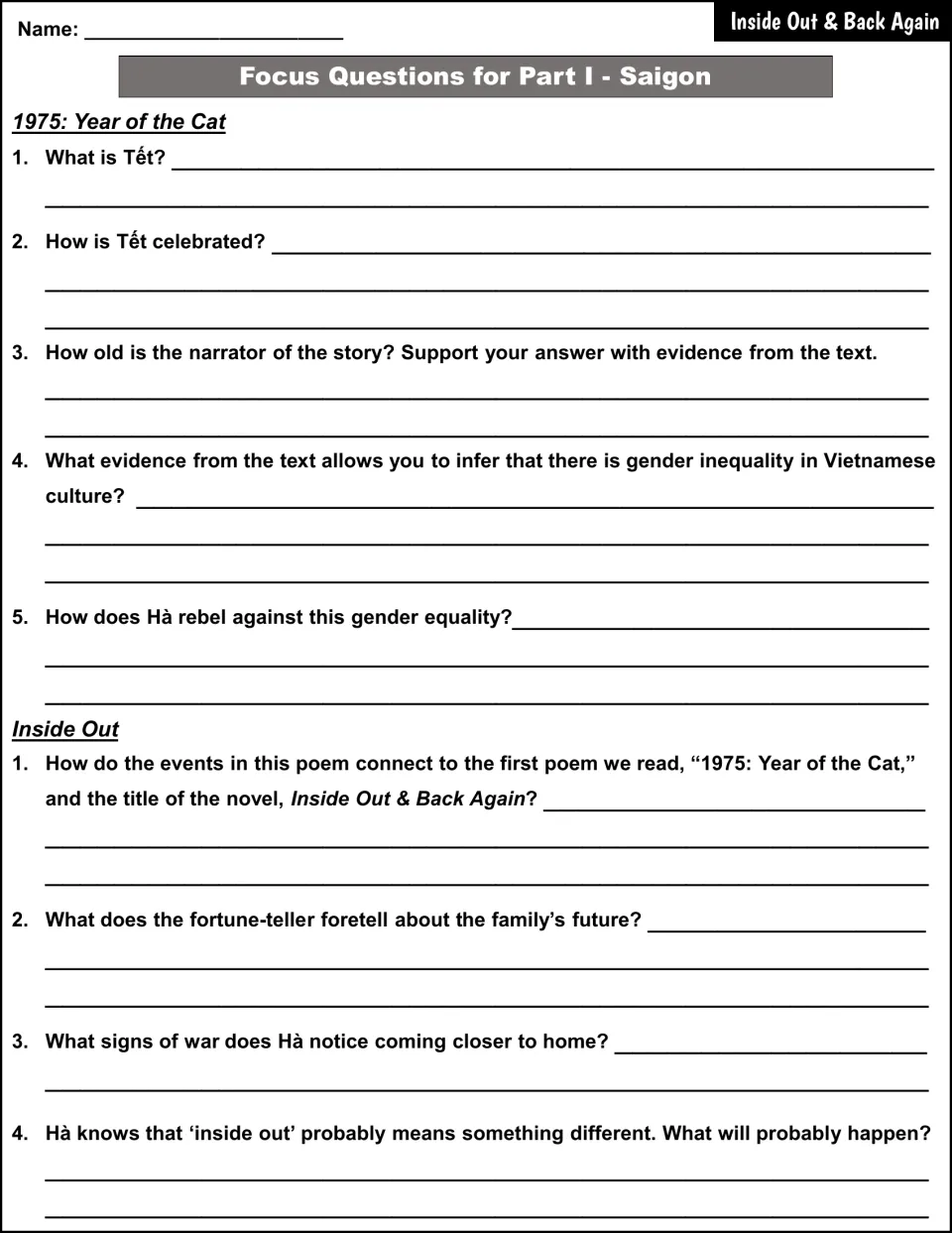 Part I Saigon questions on '1975: Year of the Cat' and 'Inside Out': students explain Tet and infer gender inequality
