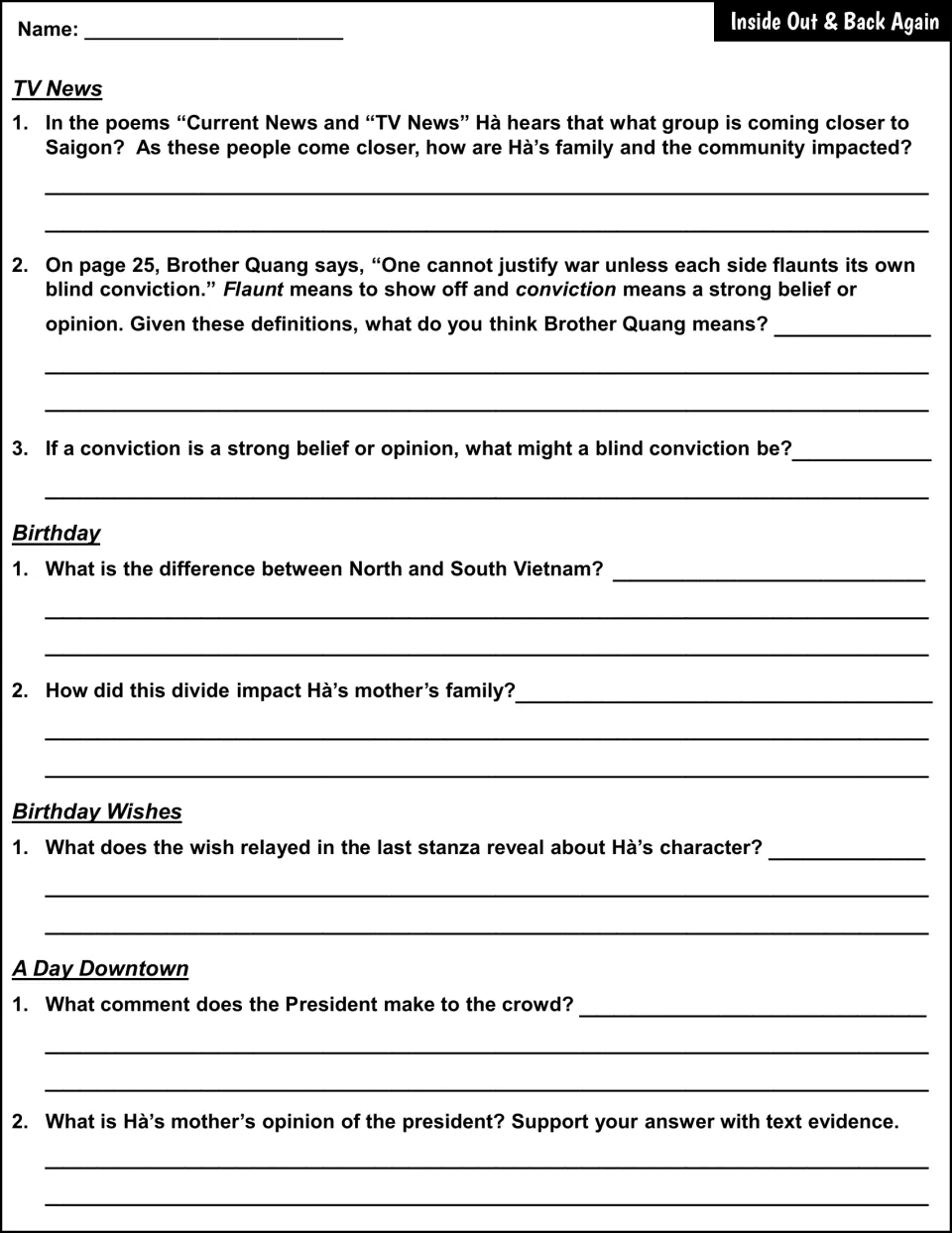 Questions on 'TV News' to 'A Day Downtown': students interpret 'blind conviction' and compare North and South Vietnam