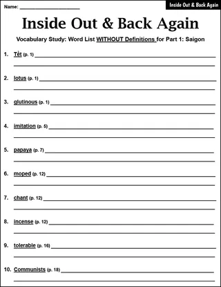 "Inside Out & Back Again" Vocabulary Study – sample page 2