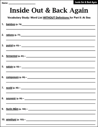 "Inside Out & Back Again" Vocabulary Study – sample page 4