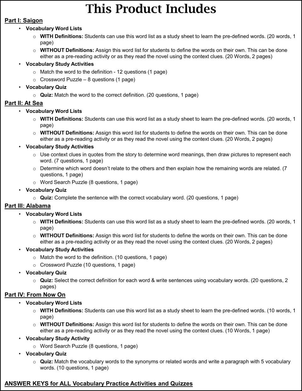 Contents list: word lists, matching, crosswords, word searches and quizzes for Parts I to IV, plus answer keys