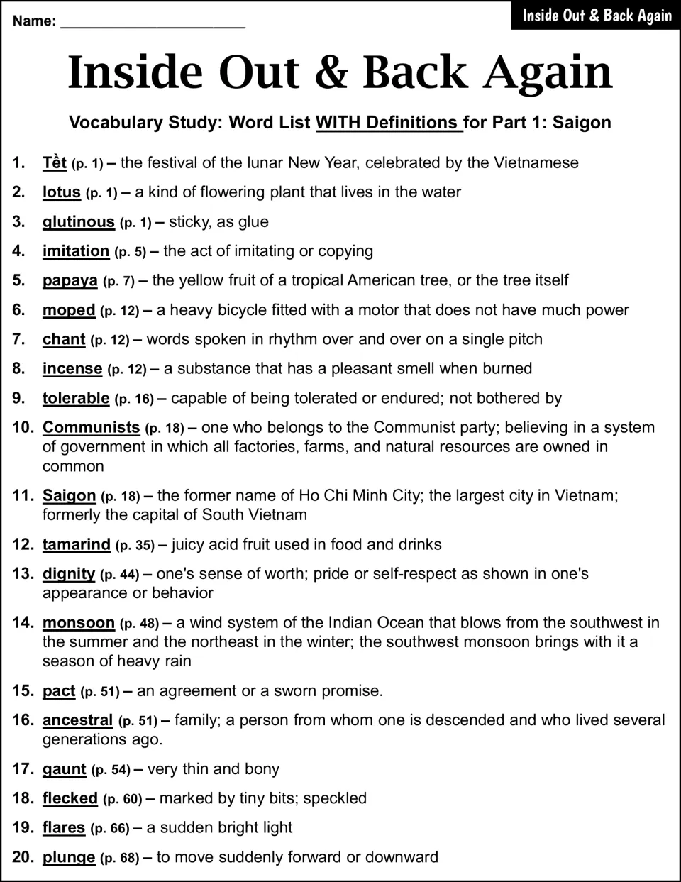 Part 1: Saigon study list defining 20 words, from Tềt and lotus to gaunt and plunge, with novel page numbers