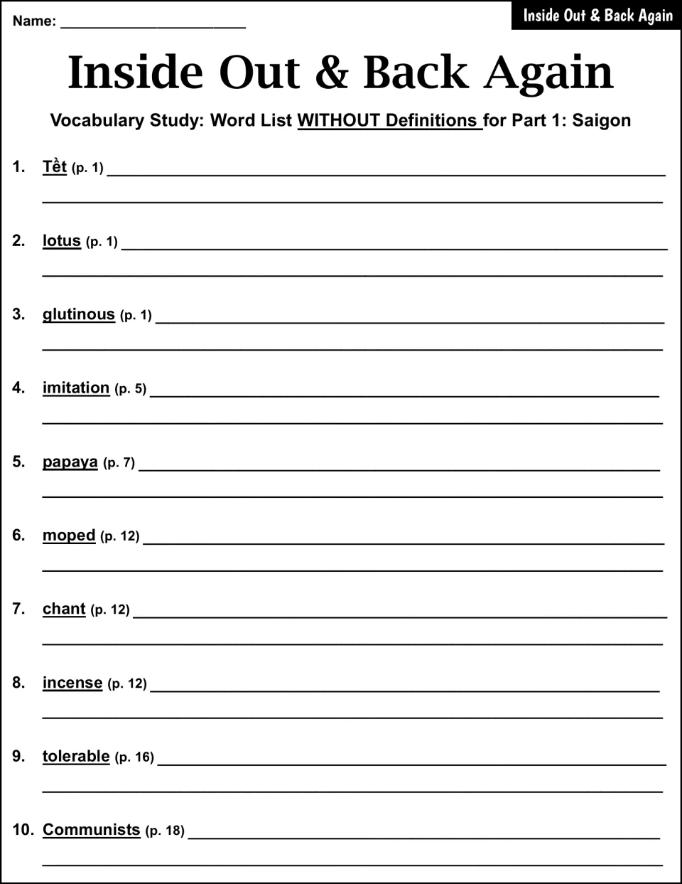 Part 1: Saigon blank word list: students write their own definitions for words 1 to 10, Tềt through Communists