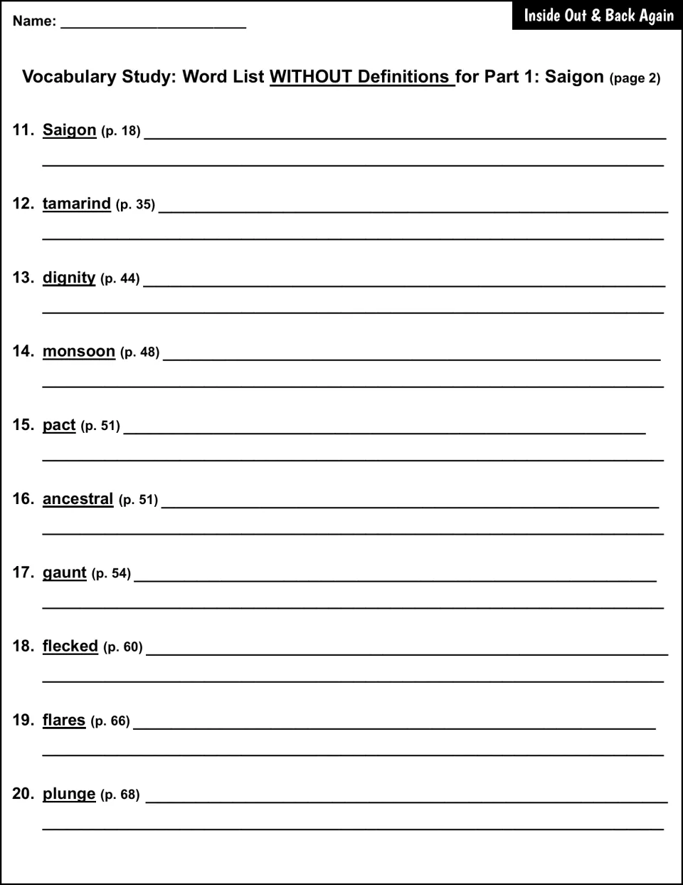 Part 1 word list, page 2: students write definitions for words 11 to 20, from Saigon and tamarind to plunge