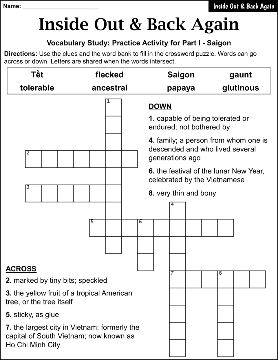 Part I crossword: students use 8 definition clues and a word bank with Tềt, gaunt and papaya to fill the puzzle
