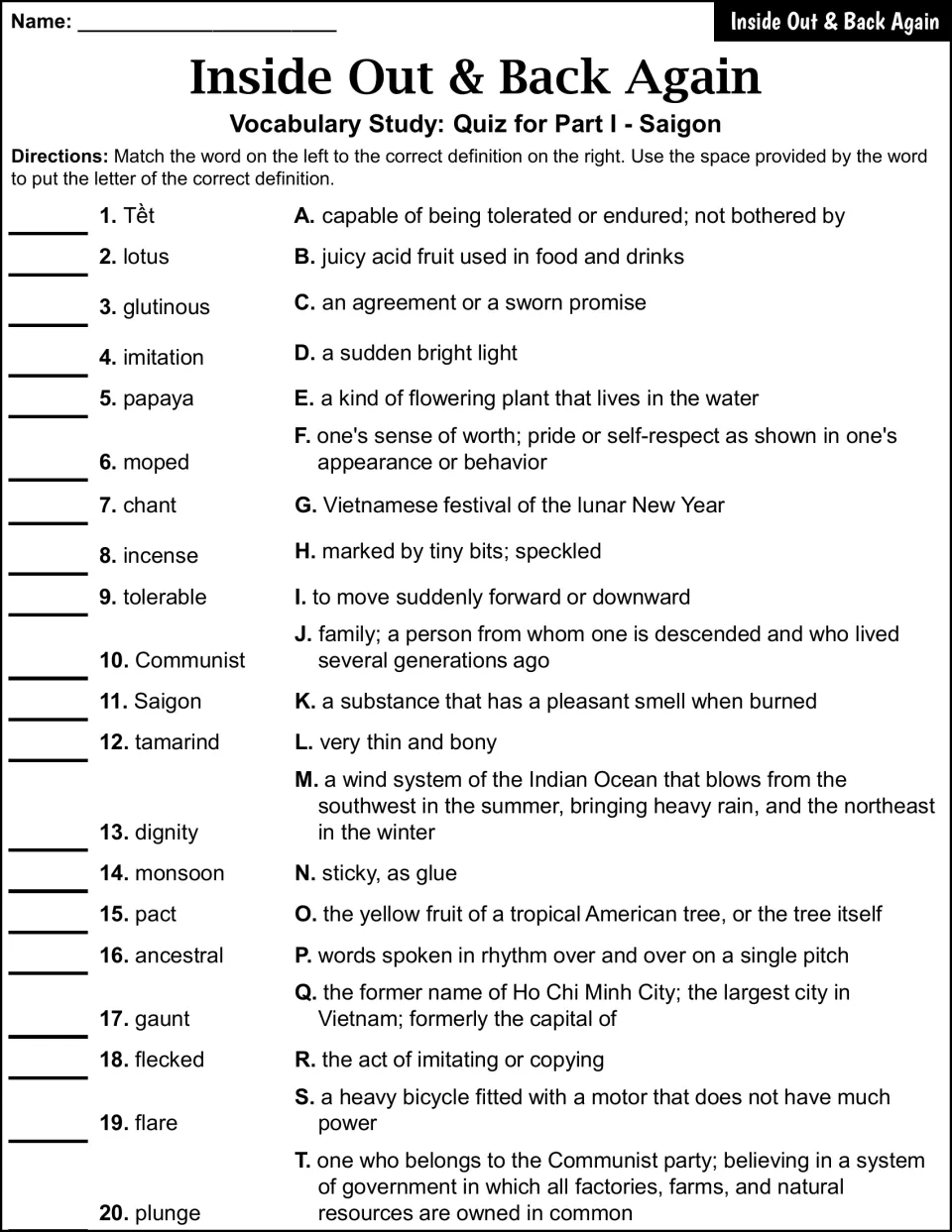 Part I quiz: students match 20 words, from Tềt to plunge, with lettered definitions A to T by writing letters