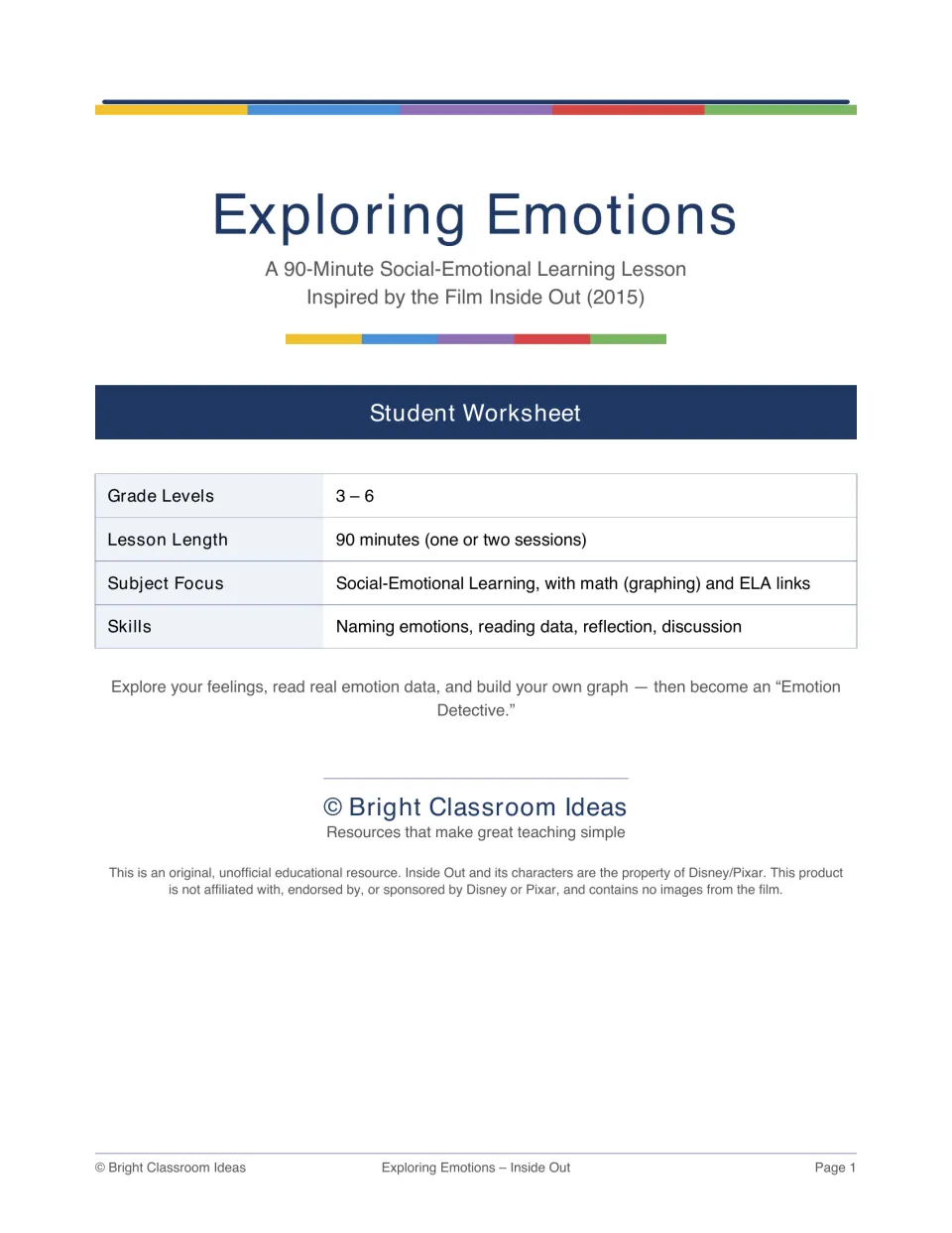 Exploring Emotions student worksheet cover: a 90-minute SEL lesson on naming emotions, reading data and reflection