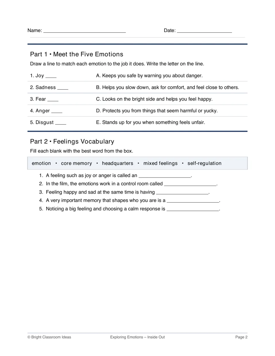 Five emotions: students match Joy, Sadness, Fear, Anger and Disgust to their jobs, then fill in feelings vocabulary