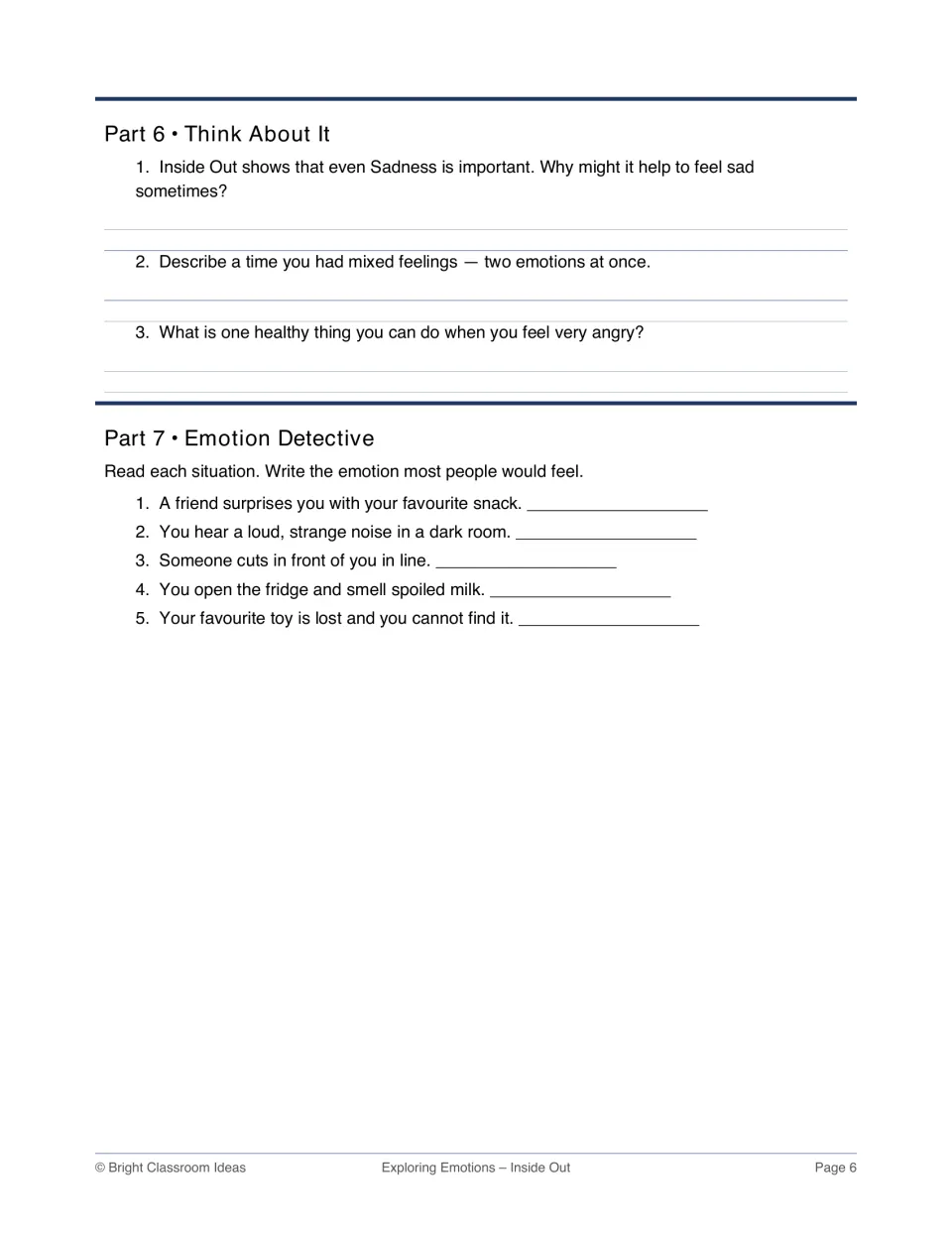 Reflection and Emotion Detective: students write about mixed feelings and anger, then name the emotion in 5 situations