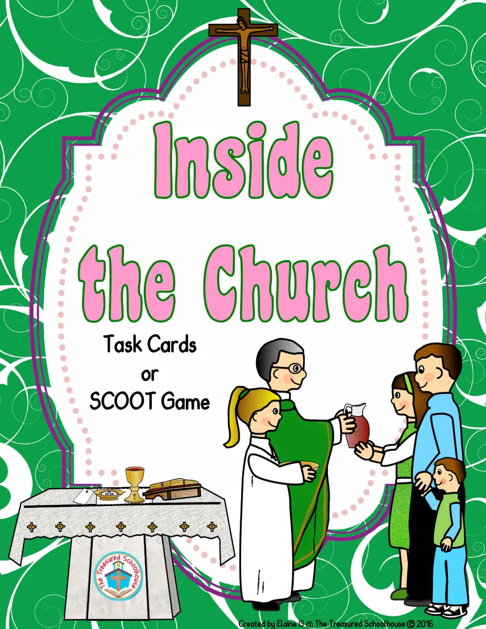 Inside the Church Task Cards + SCOOT Game cover showing a priest, altar servers, a family, and an altar