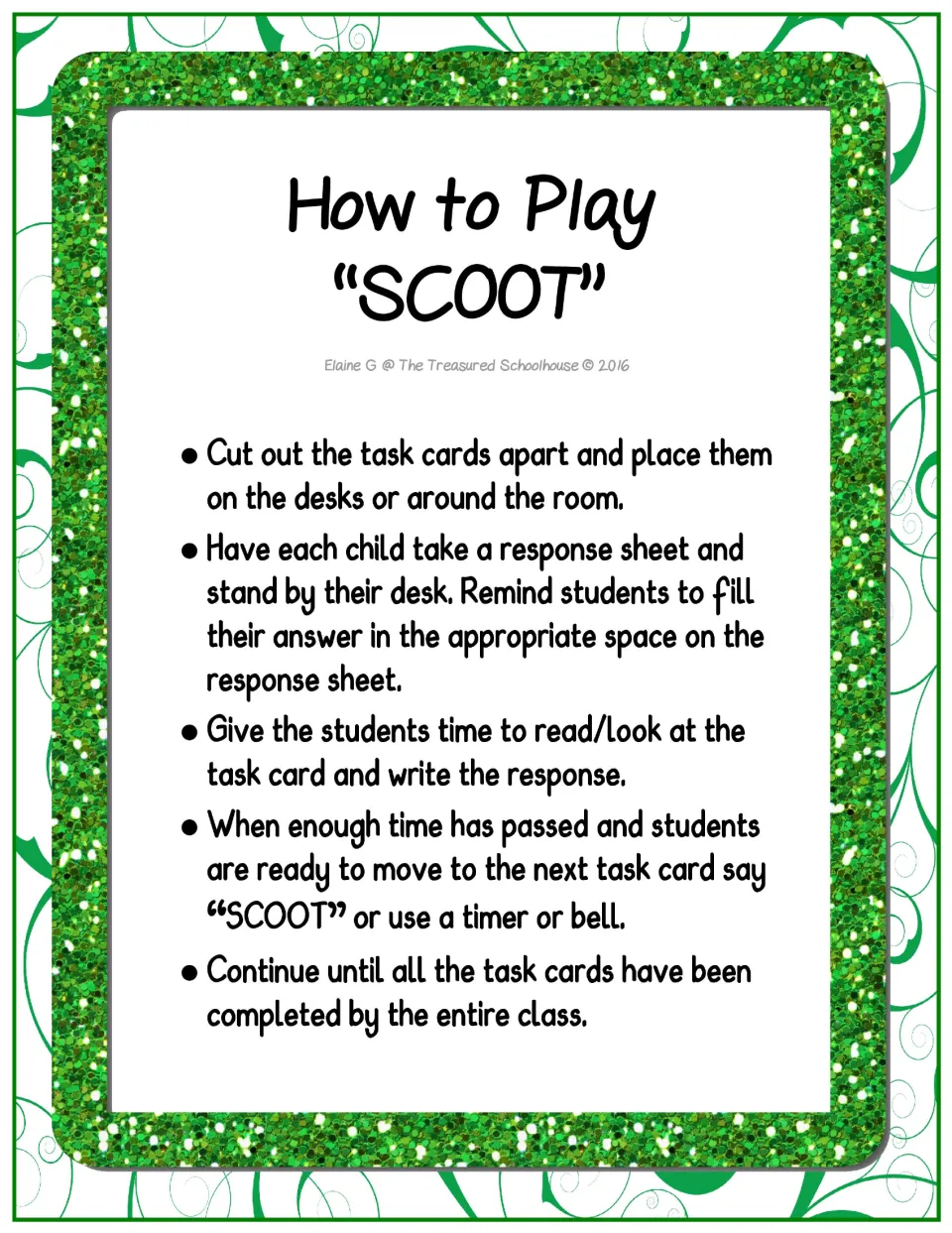 SCOOT game instructions explain placing task cards, recording answers, and moving when given a signal