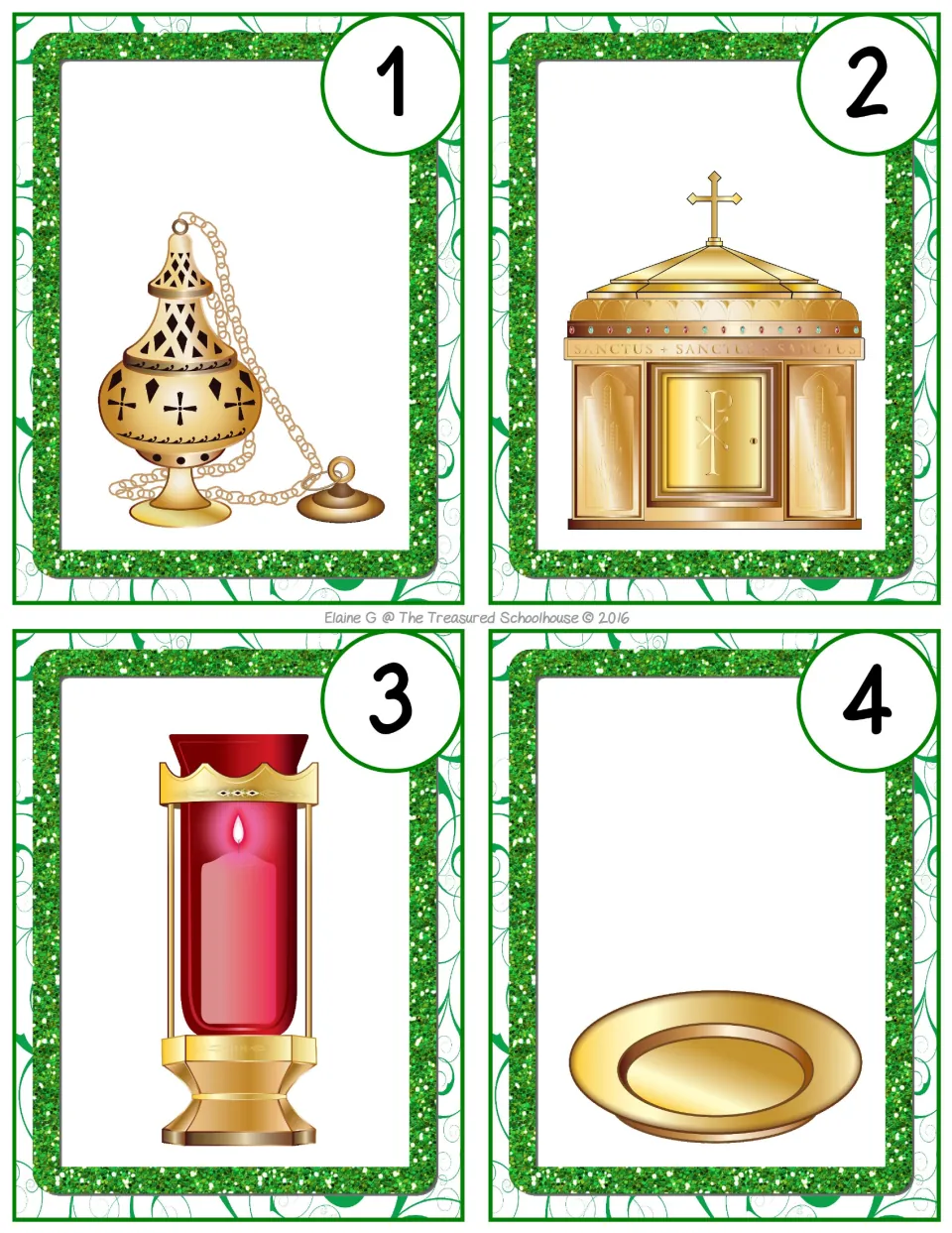 Church picture task cards 1–4 show a censer, tabernacle, sanctuary lamp, and paten for identification