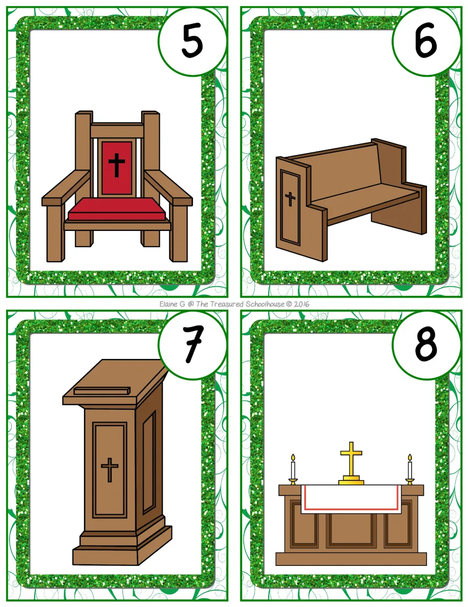 Church picture task cards 5–8 show a presider's chair, pew, lectern, and altar for identification