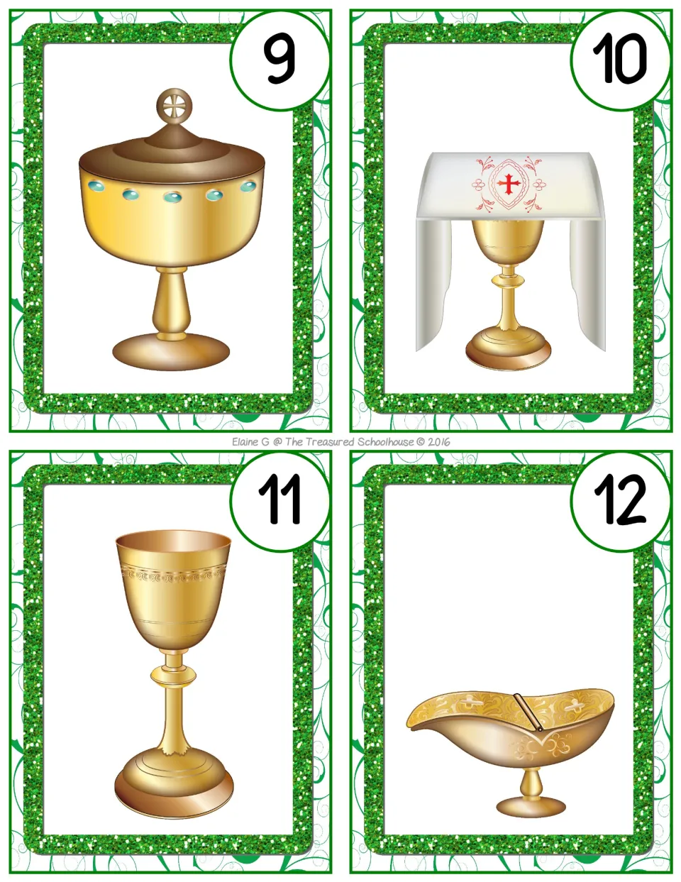 Church picture task cards 9–12 show a ciborium, veiled chalice, uncovered chalice, and incense boat