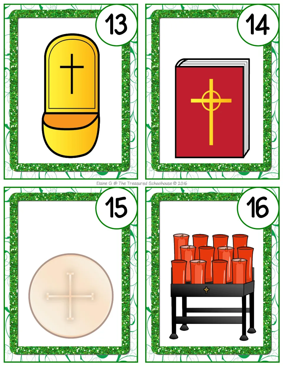Church picture task cards 13–16 show a holy water font, religious book, Communion host, and votive candles