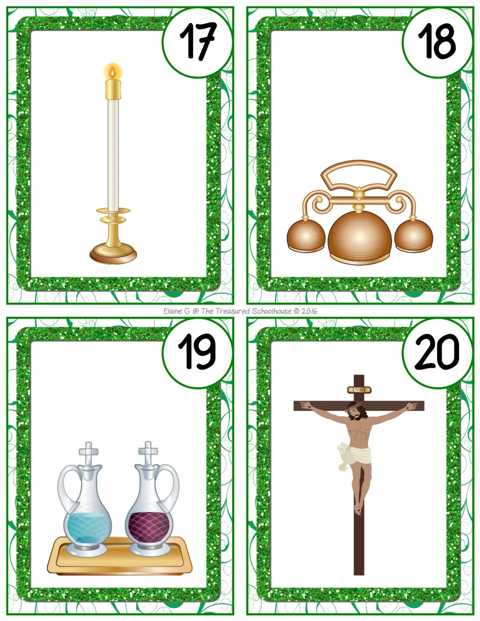 Church picture task cards 17–20 show an altar candle, bells, water and wine cruets, and a crucifix