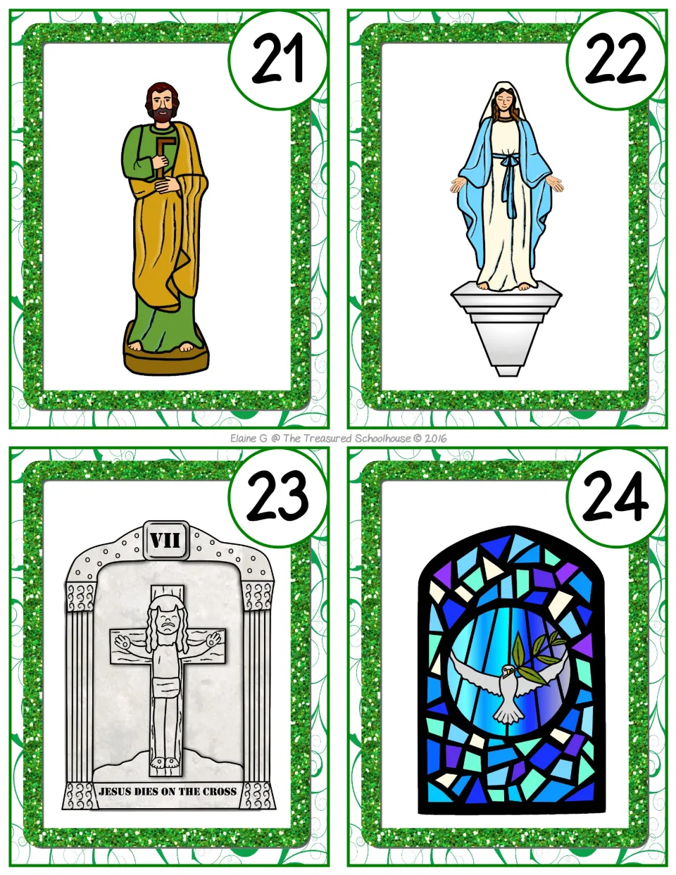 Church picture task cards 21–24 show two religious statues, a Station of the Cross, and a stained glass window