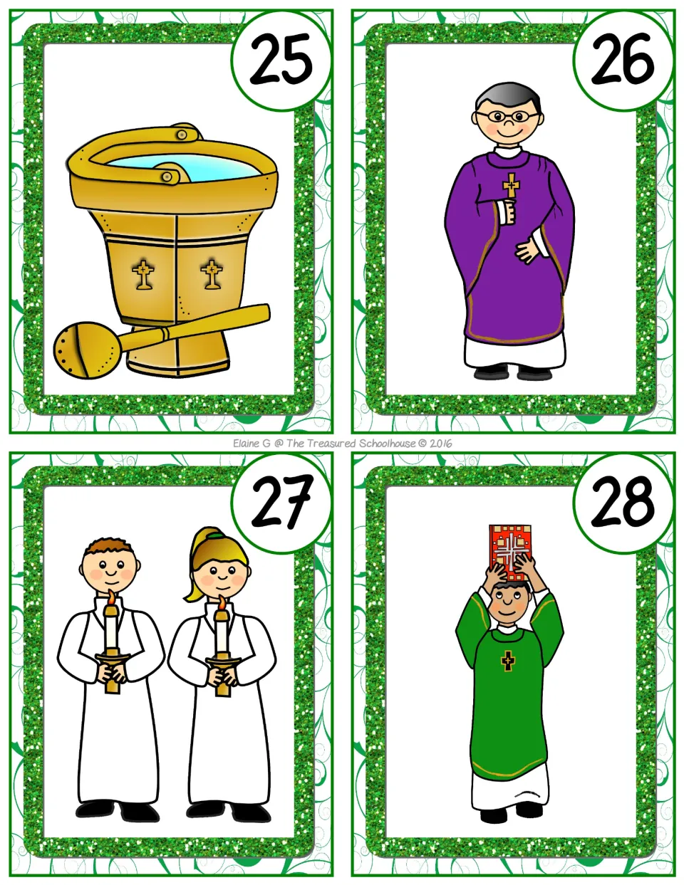Church picture task cards 25–28 show a holy water bucket and sprinkler, clergy, and candle-bearing servers
