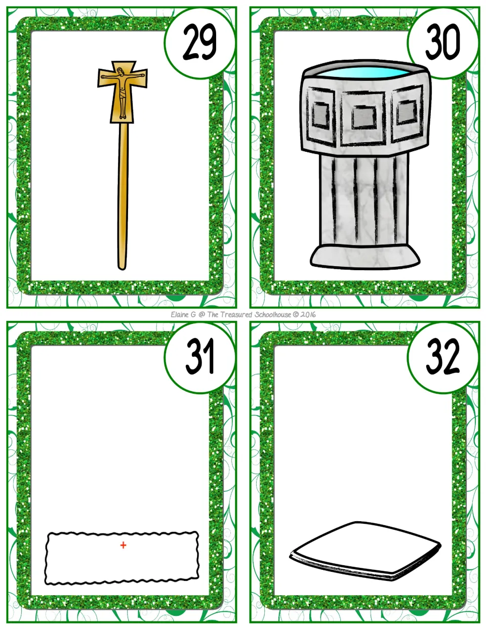 Church picture task cards 29–32 show a processional crucifix, baptismal font, and two white cloth items