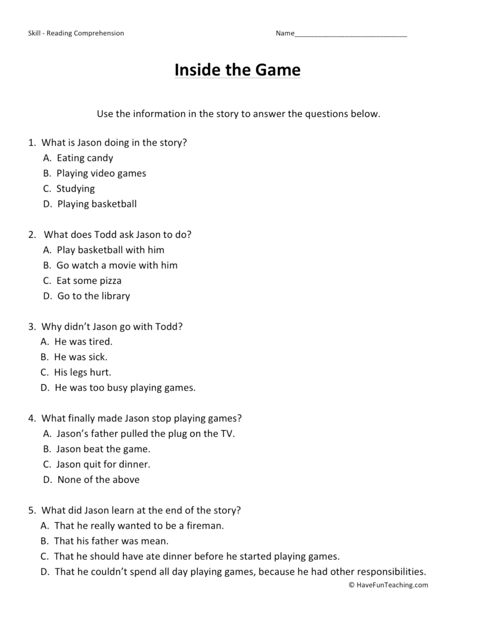 Five multiple-choice questions about Jason's video gaming, Todd's invitation, and the lesson Jason learns.