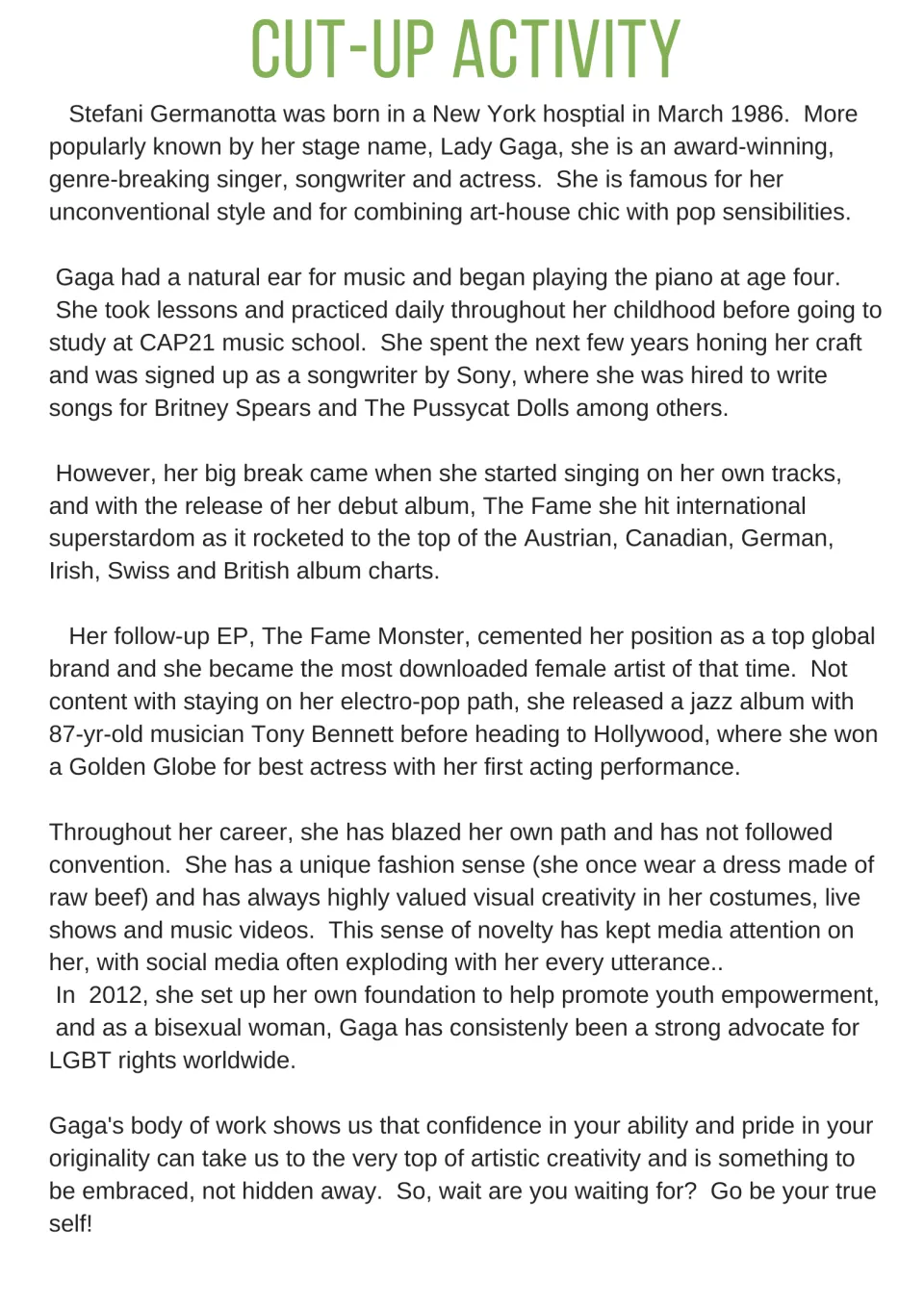 Lady Gaga cut-up reading for the optional ordering activity traces her music career, style, and advocacy