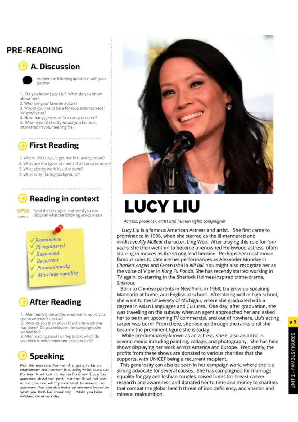 Lucy Liu reading includes questions about her career and charity work, vocabulary, and an interview role-play