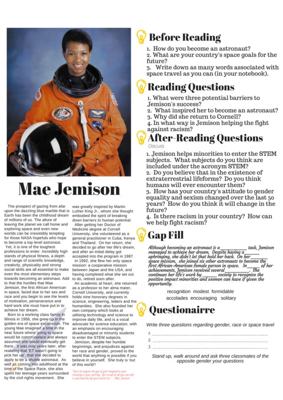 Mae Jemison reading includes comprehension questions, discussion of race and gender, a gap fill, and a survey